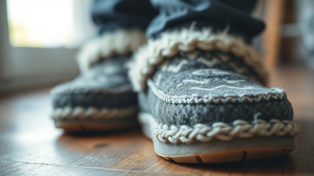 Détail de chaussons en laine Gros plan sur des chaussons en laine sur un sol en bois, mettant en valeur la semelle épaisse.