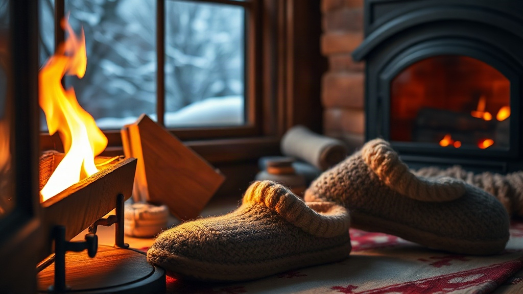 Chaussons en laine près d'un foyer chaleureux en hiver avec la neige visible par la fenêtre.